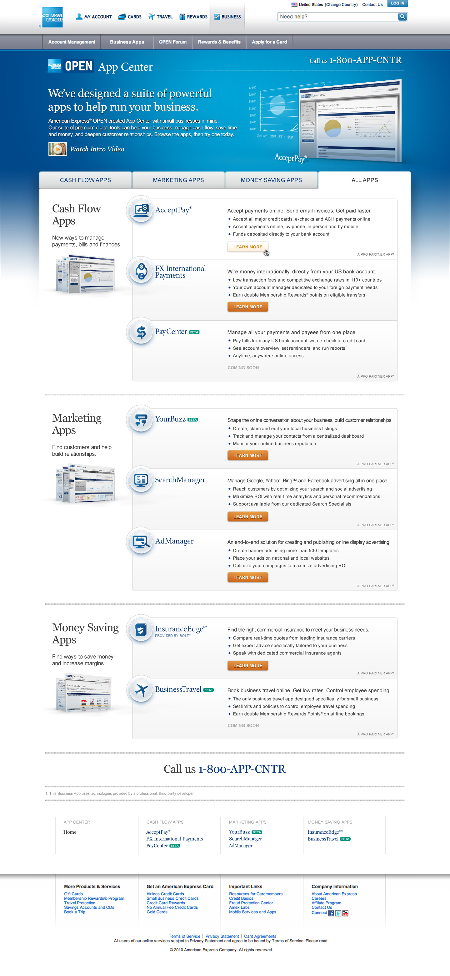 AMEX OPEN App Center - Home Page: Top Section