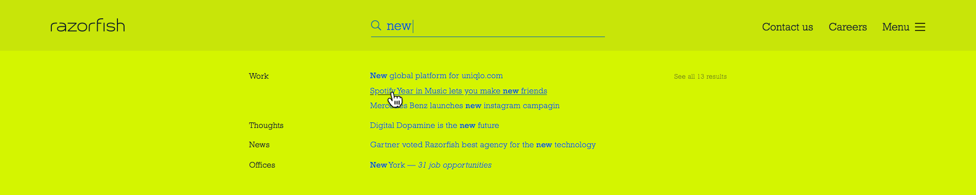New Razorfish.com - Predictive Search: Search suggestions view