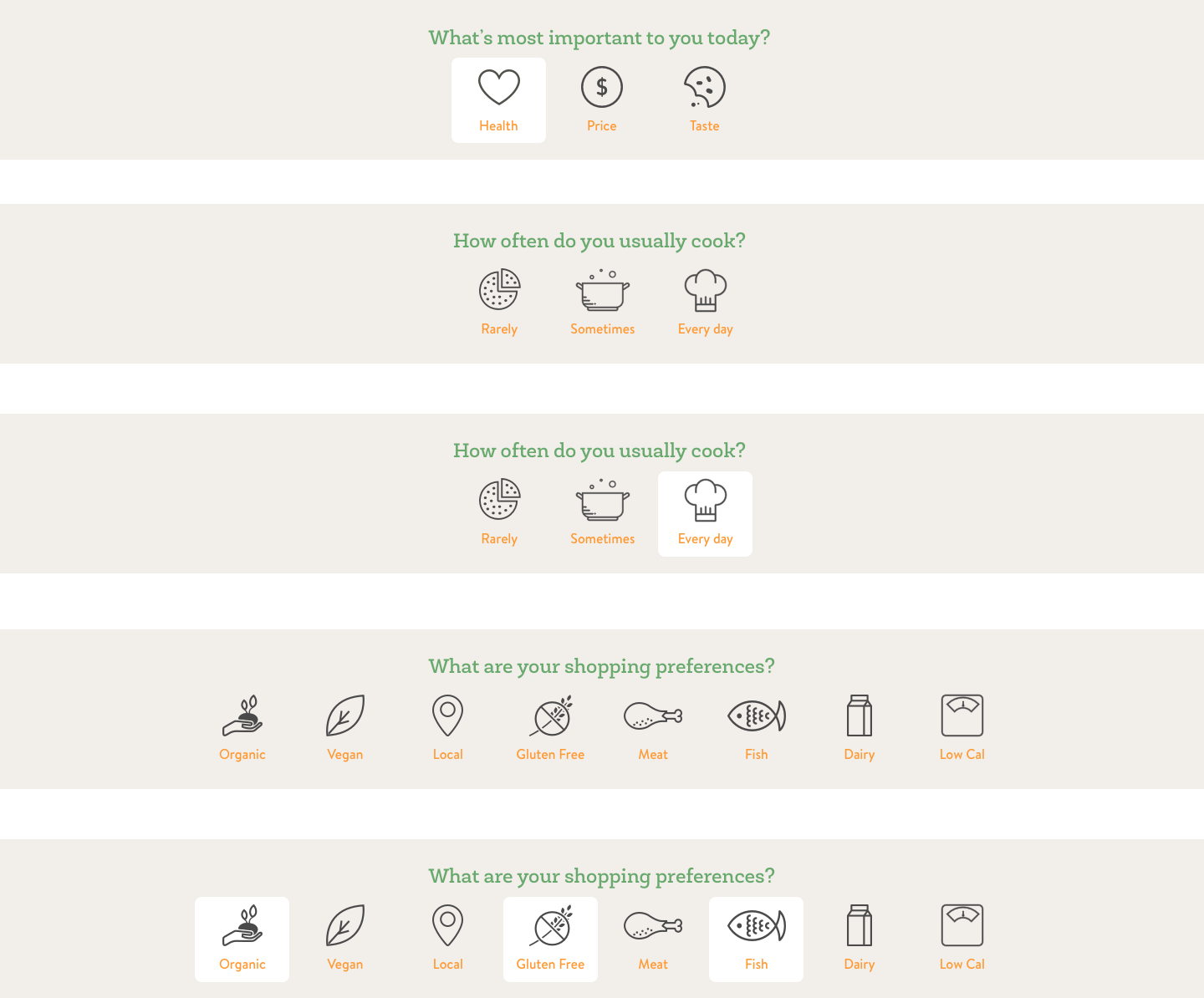 FreshDirect Vision - Questions: UI asking user's preferences