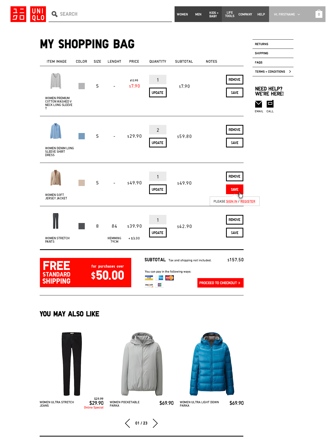 UNIQLO Taiwan - Cart: Sign in to save prompt, rollover state