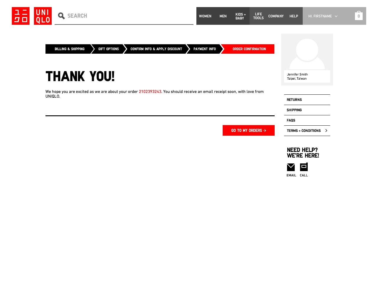 UNIQLO Taiwan - Checkout Flow: Order confirmation