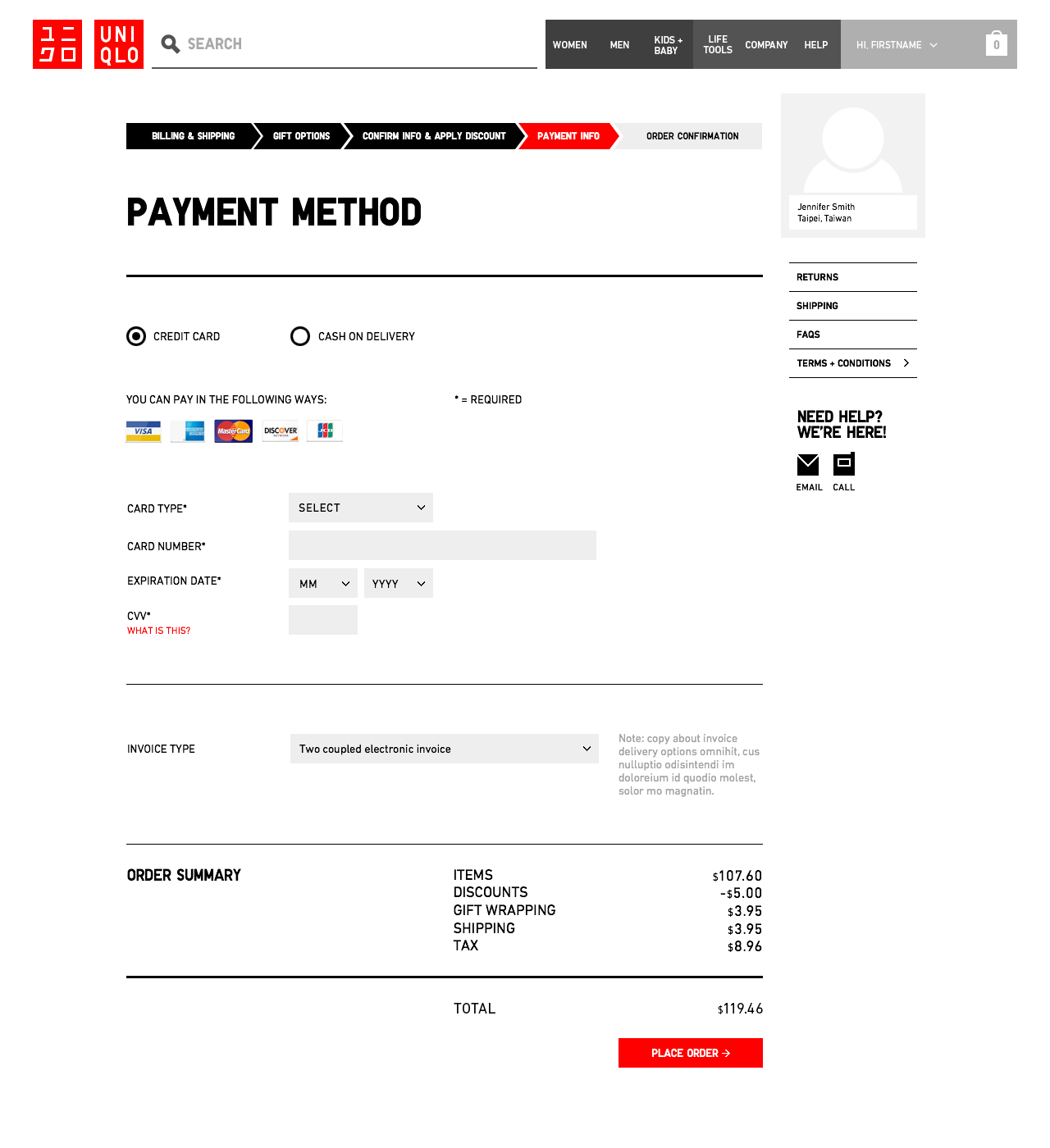 UNIQLO Taiwan - Checkout Flow: Payment info, credit card