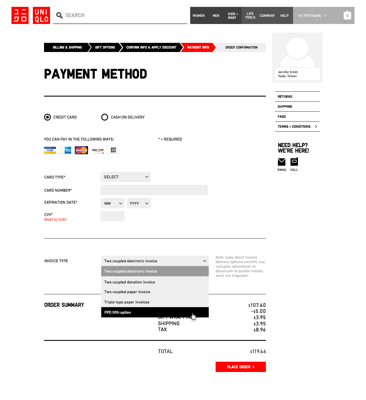 UNIQLO Taiwan - Checkout Flow: Payment info, invoice type dropdown open