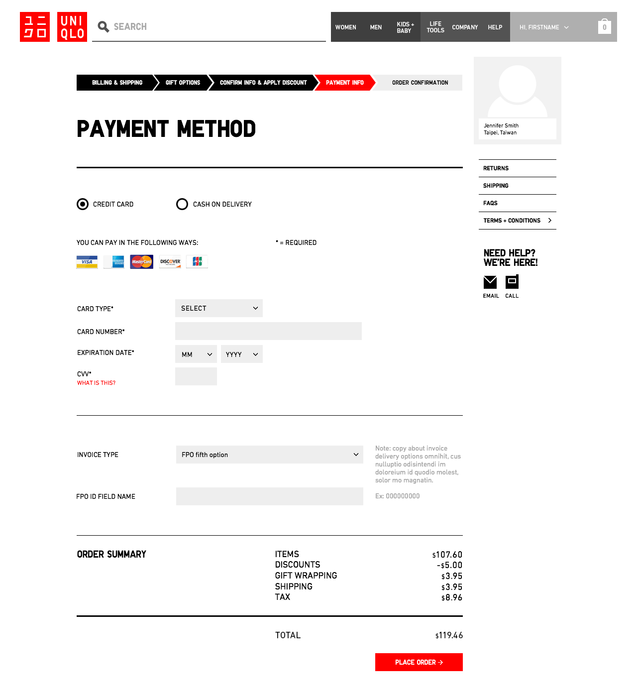 UNIQLO Taiwan - Checkout Flow: Payment info, invoice type selected