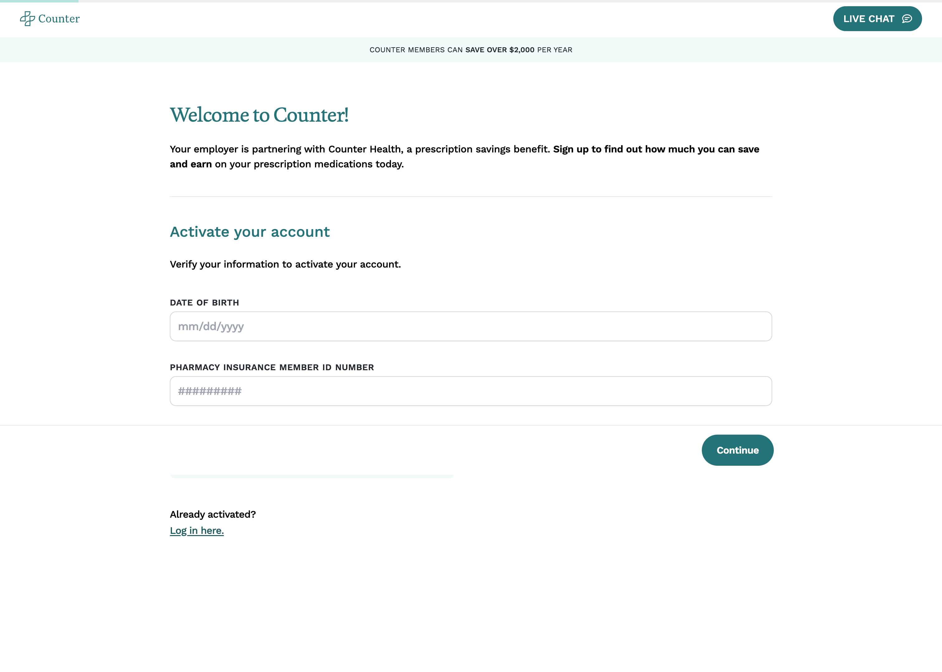 CounterHealth account activation screen